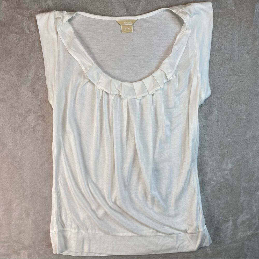 Michael Kors Top Woman’s Medium Lyocell White Gauzy Short Sleeve Ruffle Collar
